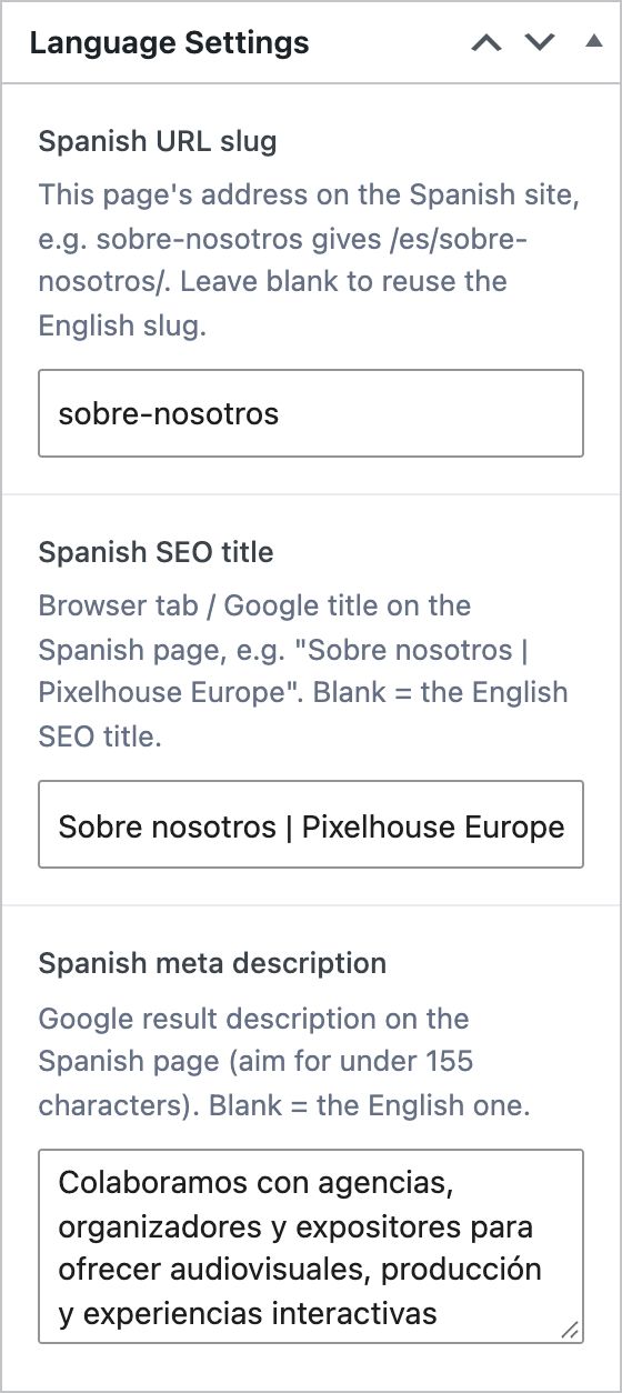 Language Settings box with Spanish URL slug sobre-nosotros, Spanish SEO title and meta description