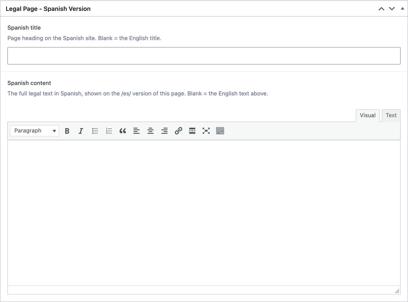 Legal Page - Spanish Version box with an empty Spanish title and content editor