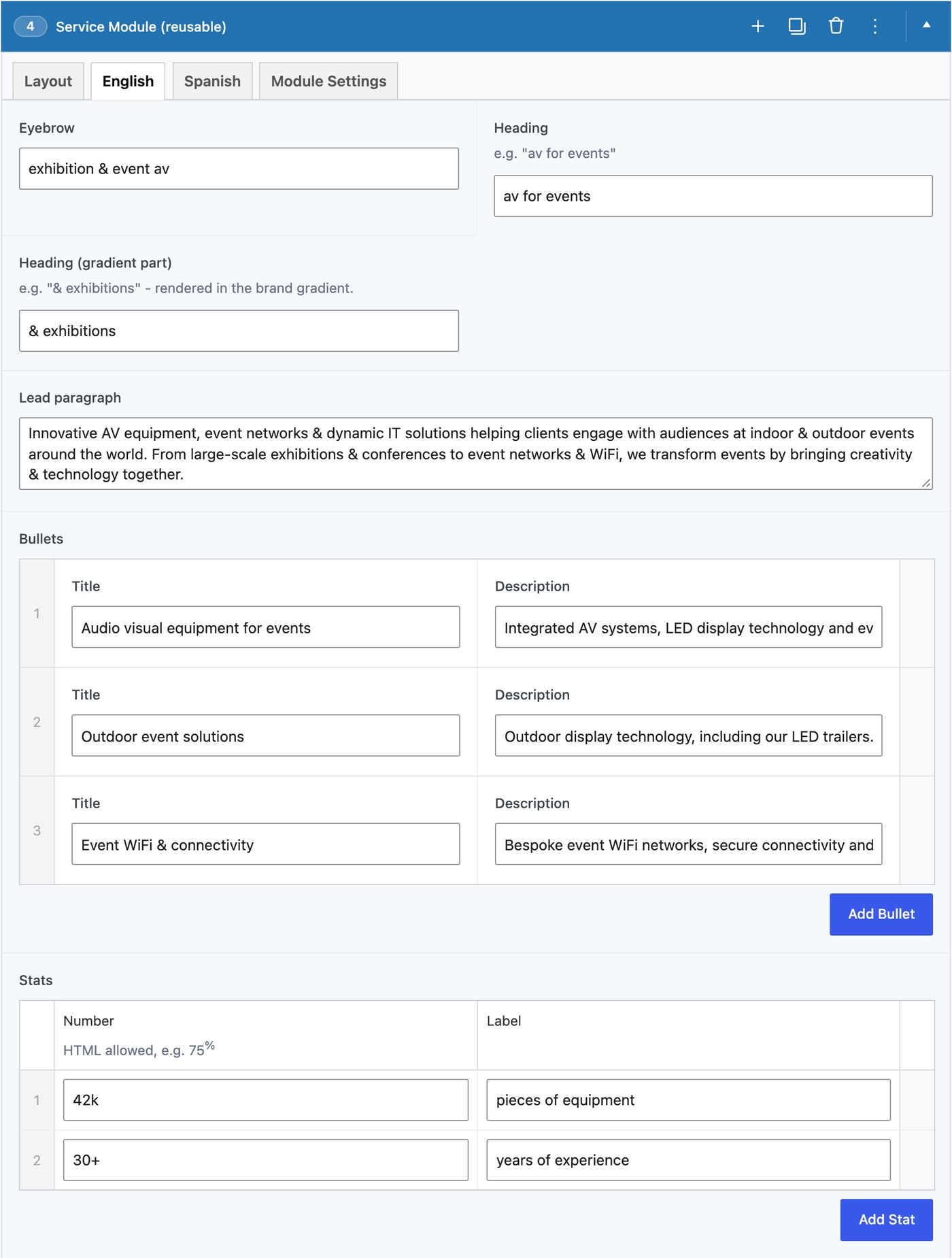 English tab: eyebrow, heading, lead paragraph, bullets and stats