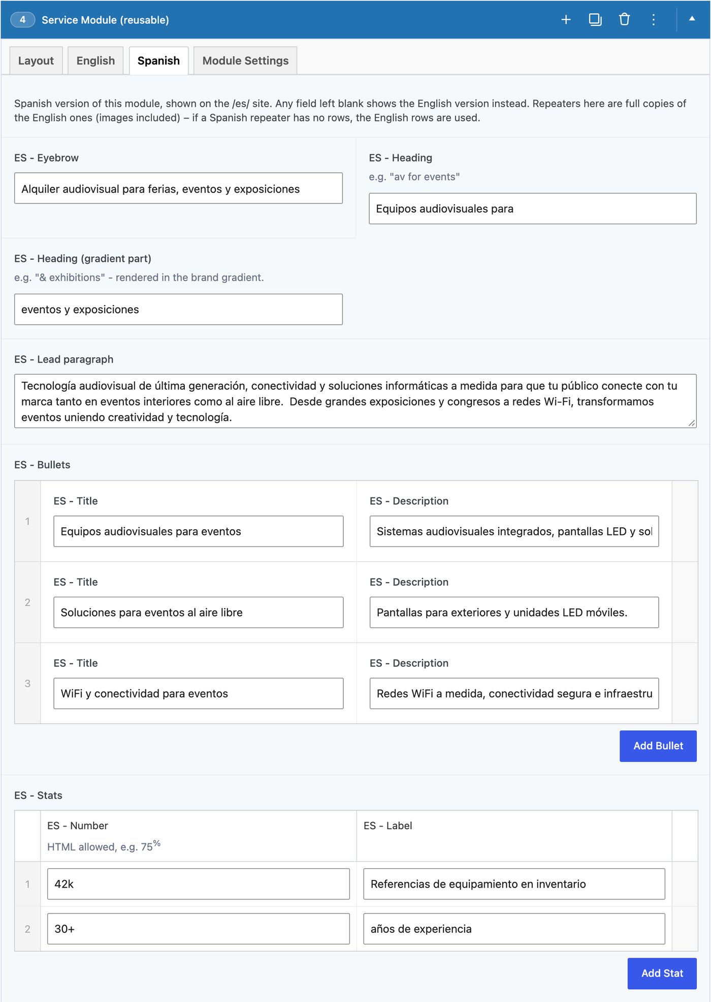 Spanish tab: the same fields prefixed ES, filled with the Spanish translation