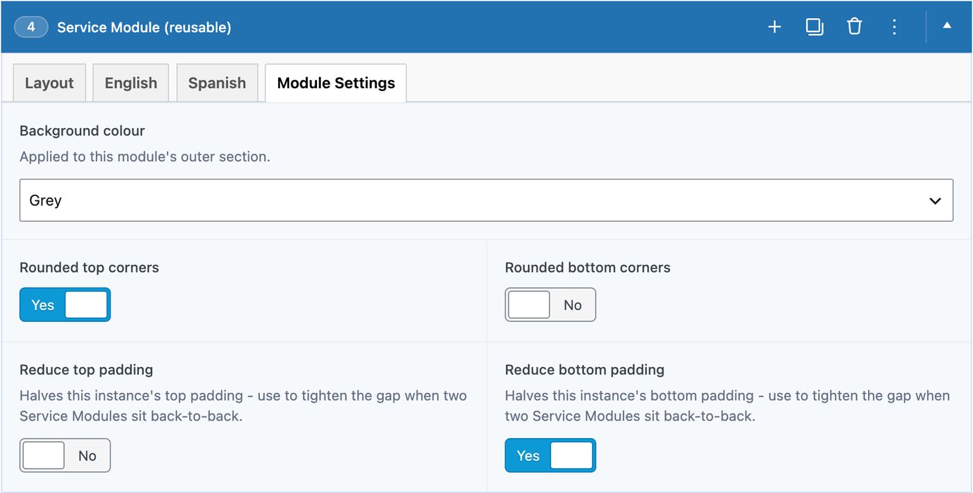 Module Settings tab: background colour, rounded corners and padding switches